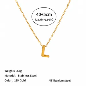 Detailed view of 18K gold stainless steel necklace with 'L' initial pendant and size specs