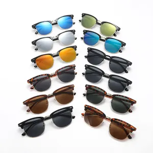 Collection of semi-rimless Clubmaster sunglasses in various colorful mirrored lenses