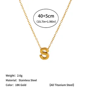 Detail view of 18K gold plated S letter pendant necklace with measurement info