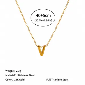 Detailed view of 18K gold plated stainless steel V initial pendant necklace