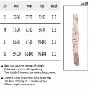 Size chart for French floral satin slip dress showing bust, waist, and hips measurements.