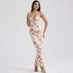 Elegant French pink floral satin camisole slip dress with a mermaid tail long skirt