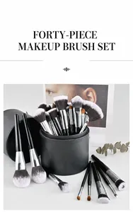 Gedetailleerd overzicht van 40-delige professionele make-up borstelset met zwarte cilinderhouder.
