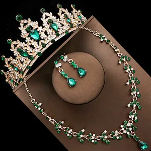 Luxury emerald green rhinestone bridal jewelry set with tiara necklace and earrings