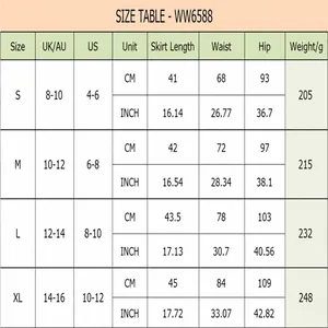 Guide des tailles détaillé pour mini-jupe en daim de couleur unie à taille haute.