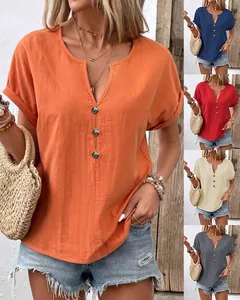 Casual V-neck short sleeve top with buttons in multiple summer colors