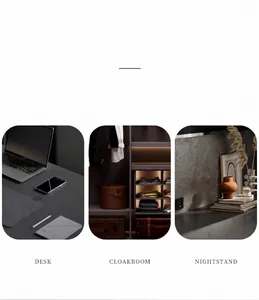 Luxury interior scenes showcasing watch storage box on a desk, cloakroom and nightstand.