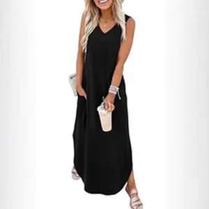 Elegant sleeveless black V-neck maxi dress with functional side pockets for casual summer wear