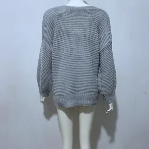 Rear view detail showing the texture of a grey chunky knit long-sleeve loose cardigan