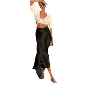 Fashionable high-waisted black satin maxi skirt for women, elegant summer style evening wear
