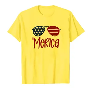 Gelbes T-Shirt zum Unabhängigkeitstag mit 'Merica-Schriftzug und Brillen-Print