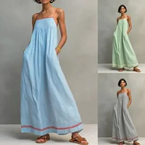 Boho chic spaghetti strap maxi dress shown in light blue, green and grey color options.