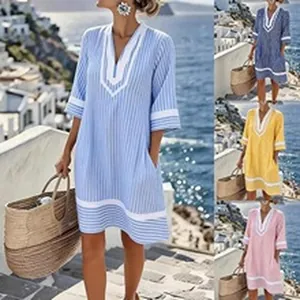Casual V-neck striped dress for women with functional pockets in multiple vibrant colors