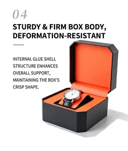Internal structure detail of octagonal black leather watch box with orange lining