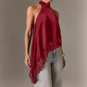 Detailed view of burgundy satin lace halter neck top with an asymmetrical hemline