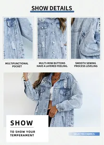 Detailed macro view of light blue distressed denim jacket with metal buttons and pockets