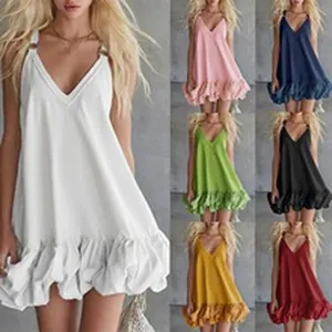 Loose sleeveless V-neck mini dress with ruffled hem available in various colors
