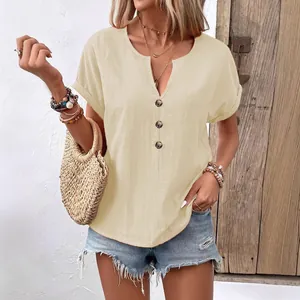 Summer casual beige V-neck short sleeve T-shirt for women featuring elegant button details