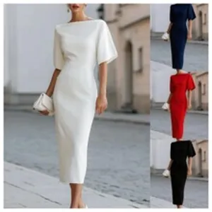 Elegant boat neck midi dress for women featuring wide short sleeves and a slim fit design