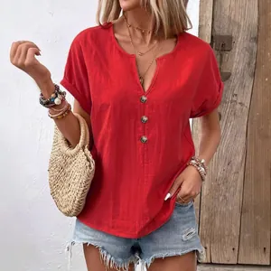 Casual red V-neck short sleeve t-shirt for women with stylish button details for summer