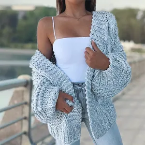 Women's light blue chunky knit oversized cardigan with long sleeves for autumn and winter