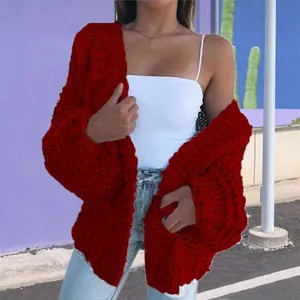 Stylish wine red chunky cable knit open front cardigan sweater for women casual wear