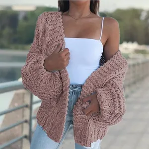 Casual women's chunky cable knit mauve cardigan with loose fit, perfect for fall and winter seasons