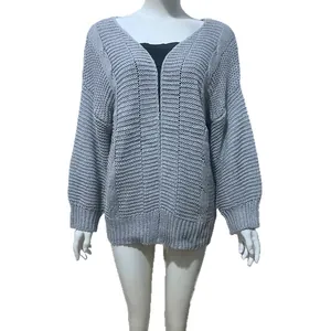Loose gray cable knit cardigan sweater with V-neck for women's autumn winter style