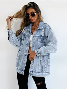 Women Oversized Distressed Denim Jacket Cotton Washed Ripped Jean Coat Outerwear Casual Utility Top For Streetwear