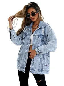 Oversized distressed light blue denim jacket for women with ripped details