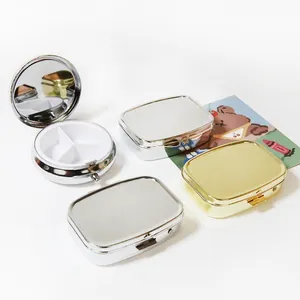 Organisateur de pilules portable en métal avec miroir intérieur et trois compartiments