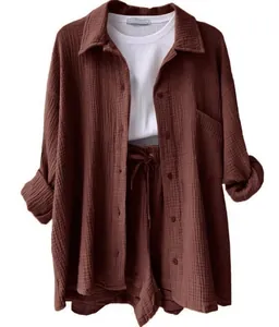 Women's 2-piece crinkle fabric set with button-down shirt and drawstring shorts in brown