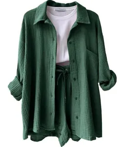 Casual women's dark green crinkle fabric long sleeve shirt and drawstring shorts set