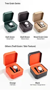 Premium octagonal watch boxes in wood grain, dark green, and orange leather textures