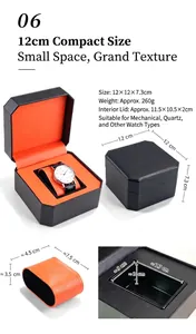 Detailed dimensions of a premium octagonal watch storage box with orange interior