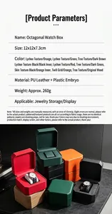 Product specifications and lifestyle view of the premium octagonal PU leather watch box