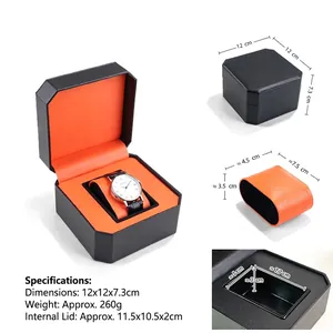 Premium octagonal black and orange leather watch gift box storage case with dimensions
