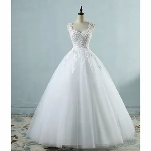 Elegant white V-neck wedding dress featuring intricate lace and full tulle ballgown skirt.