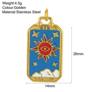 Close-up detail of golden stainless steel Tarot Sun pendant showing 26x14mm dimensions