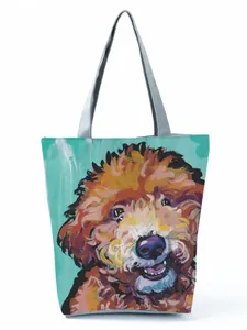 Detailed view of a vibrant and colorful poodle art print on a large capacity tote bag