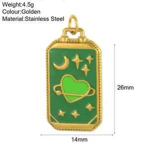 Detail of green tarot card pendant showing dimensions, weight, and stainless steel material.