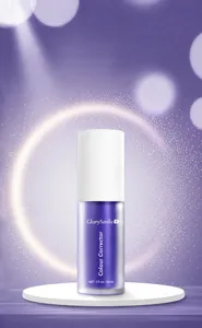GlorySmile V34 purple tooth color corrector serum bottle on a sleek display stand