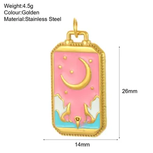 Close-up view of a pink tarot moon pendant made of gold-toned stainless steel metal