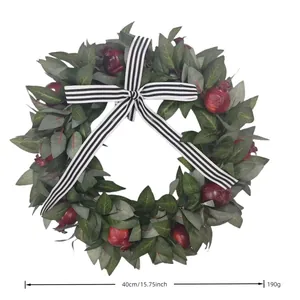 Artificial pomegranate fall wreath with black and white striped bow, 40cm diameter, 190g