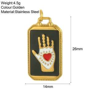 Detailed technical dimensions of stainless steel tarot pendant with gold heart hand design