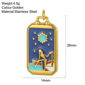 Detail view of a tarot pendant with dimensions, 26mm x 14mm, in golden stainless steel.