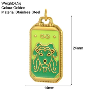Detailed macro view of a green tarot card pendant featuring golden stainless steel