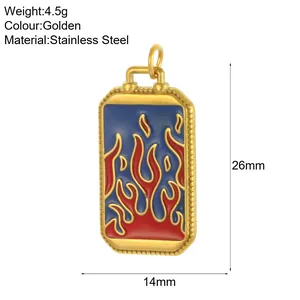 Stainless steel Tarot card pendant with vibrant flame motif showing 26mm x 14mm size
