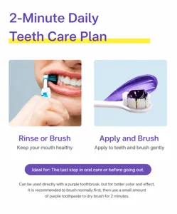 Macro detail showing the application steps for V34 purple teeth whitening serum.