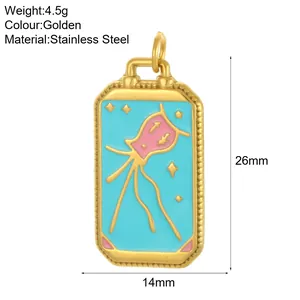 Tarot card pendant in gold stainless steel with turquoise and pink enamel details